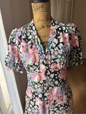 Marc Angelo Floral Puff-Sleeve Midi Dress in Black and Pastel